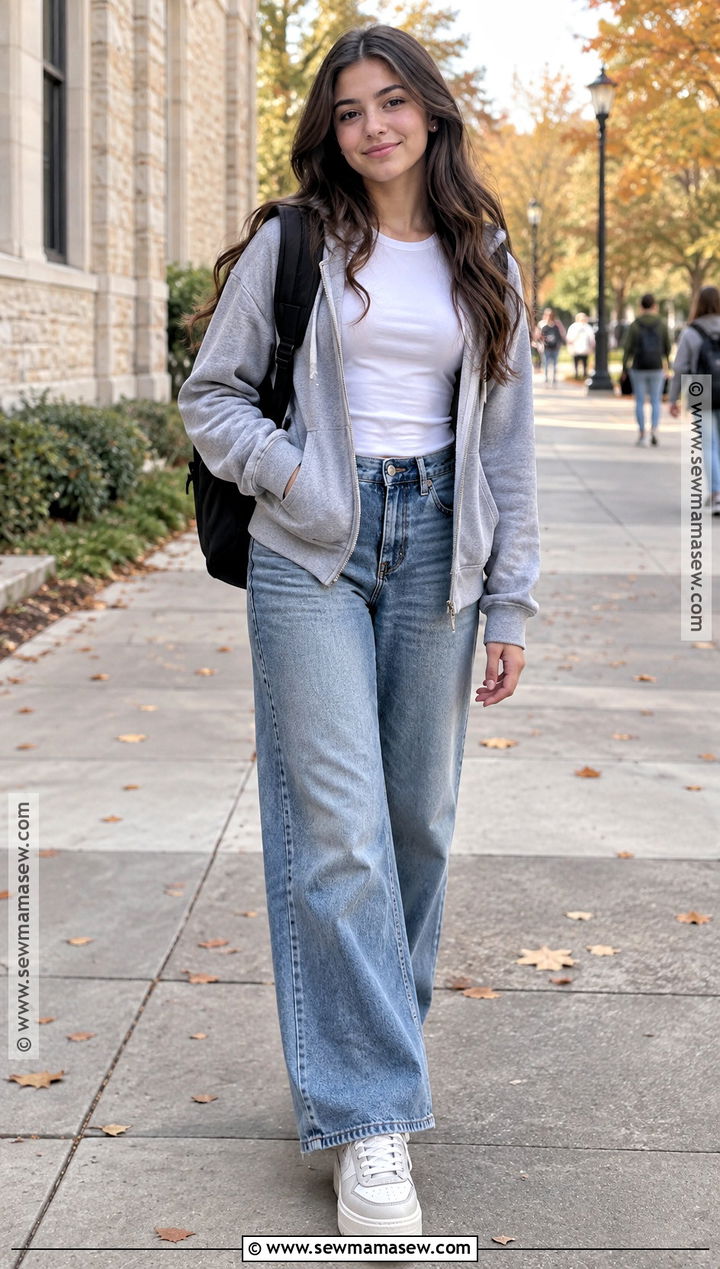 Zip Up Hoodie And Wide Leg Jeans School Outfit - 15 cute simple outfits for school fall