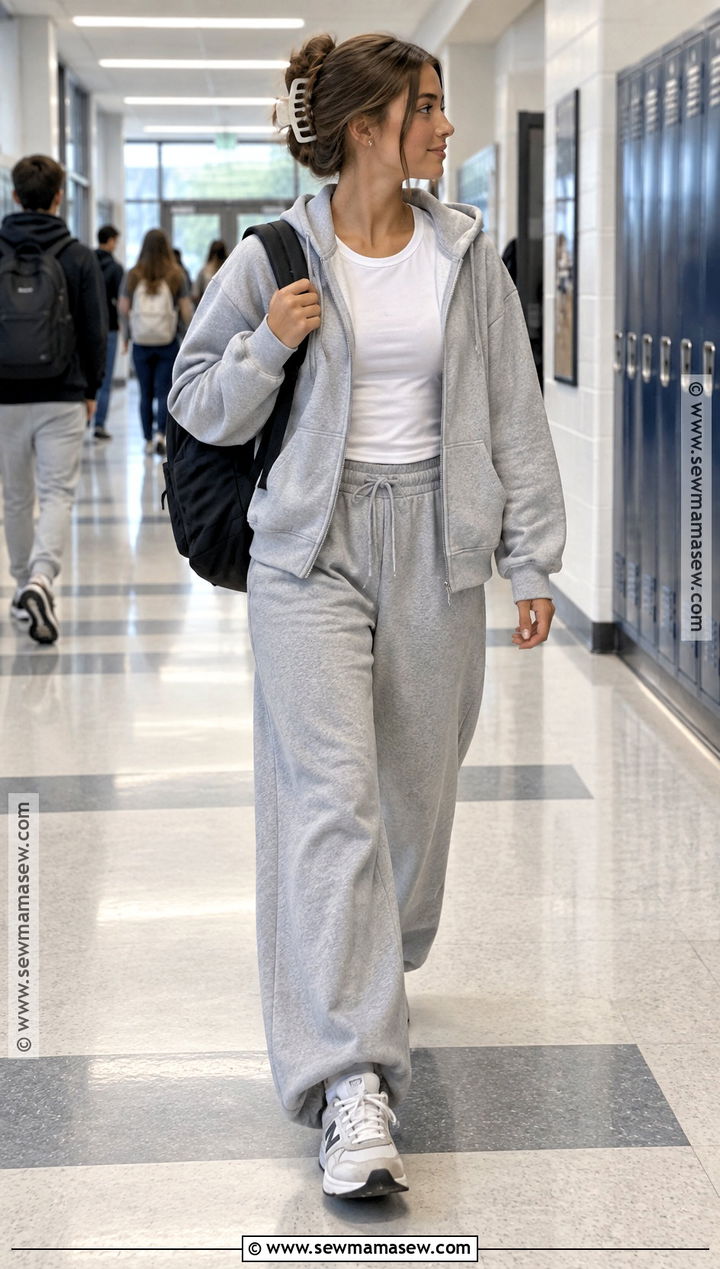 Zip Up Hoodie And Wide Leg Sweatpants School Outfit - 15 back to school looks for high school