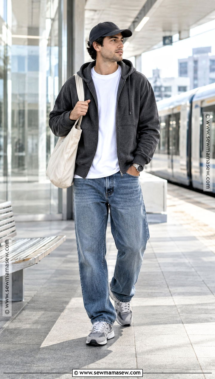 Zip Up Hoodie With White T Shirt And Relaxed Jeans - 15 Fall Hoodie Outfit Ideas for Men