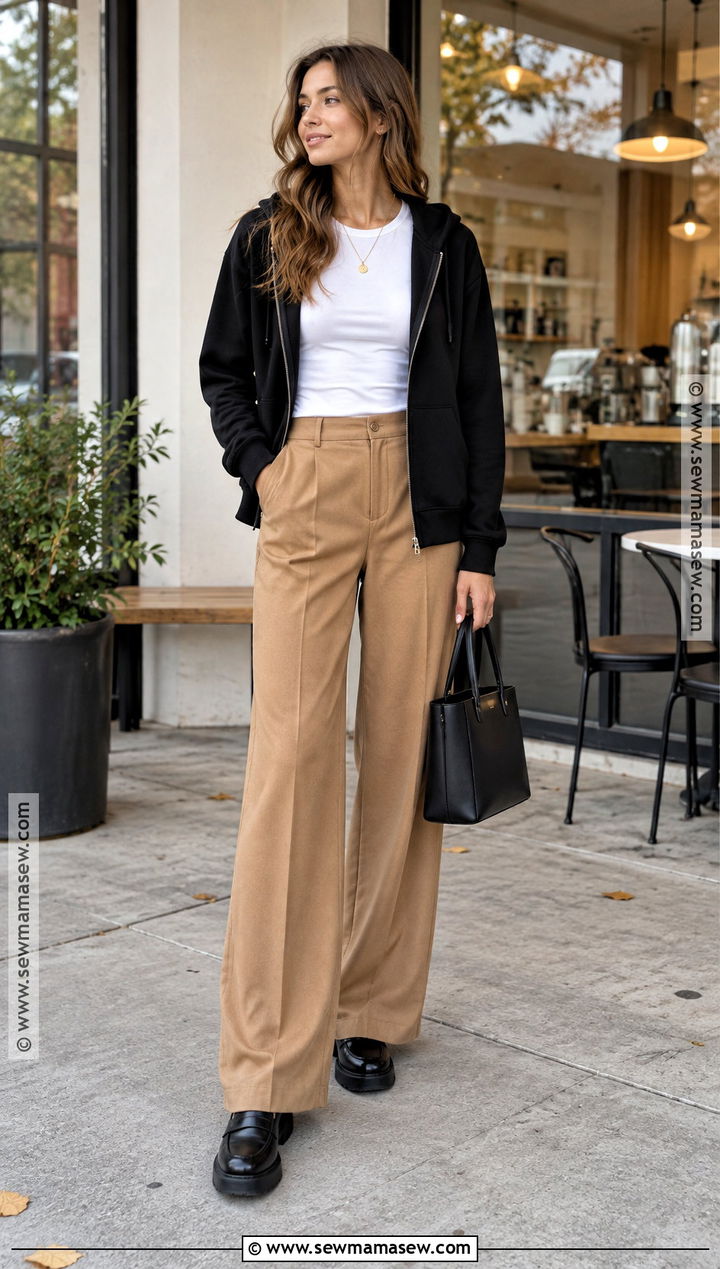 Zip Up Hoodie With White Tee And Wide Leg Pants - 20 fall hoodie outfit ideas