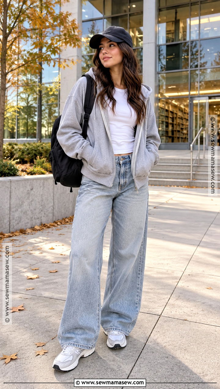 Zip Up Hoodie With Wide Leg Jeans And Sneakers - 15 fall outfits college comfy