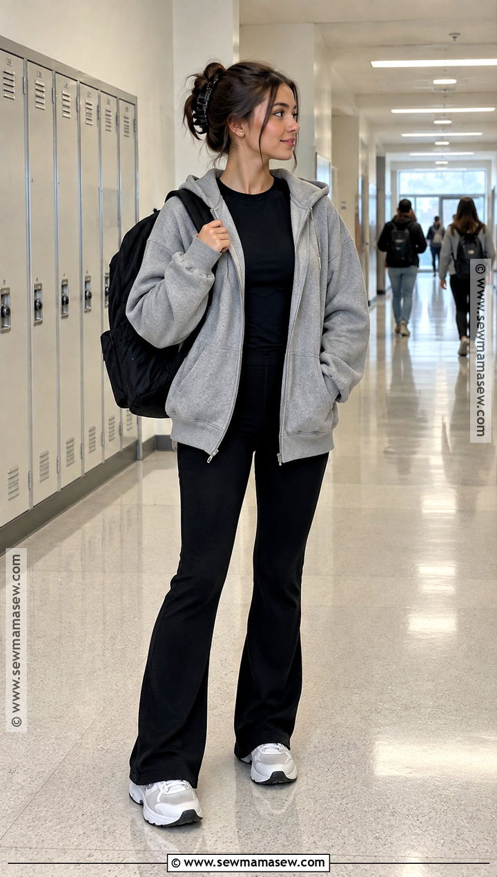 Zip Up Hoodie and Flared Pants School Outfit - 15 back to school simple outfits