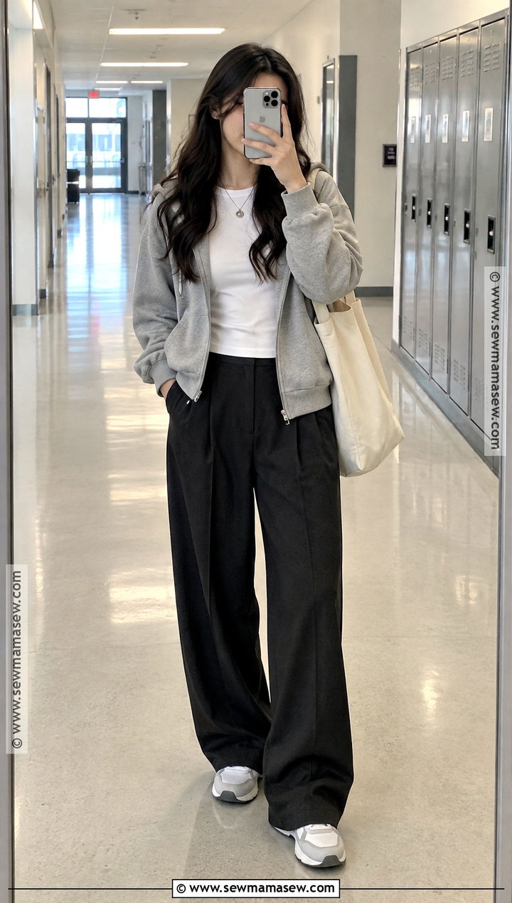 Zip Up Hoodie and Pleated Pants School Outfit - 20 aesthetic fall outfits for school
