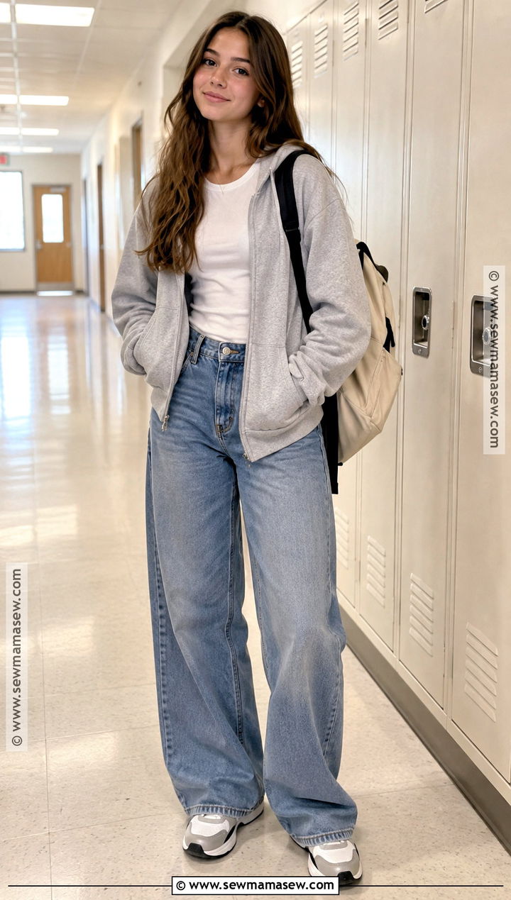 Zip Up Hoodie and Wide Leg Jeans Fall School Outfit - 15 cute outfits for school for highschool fall