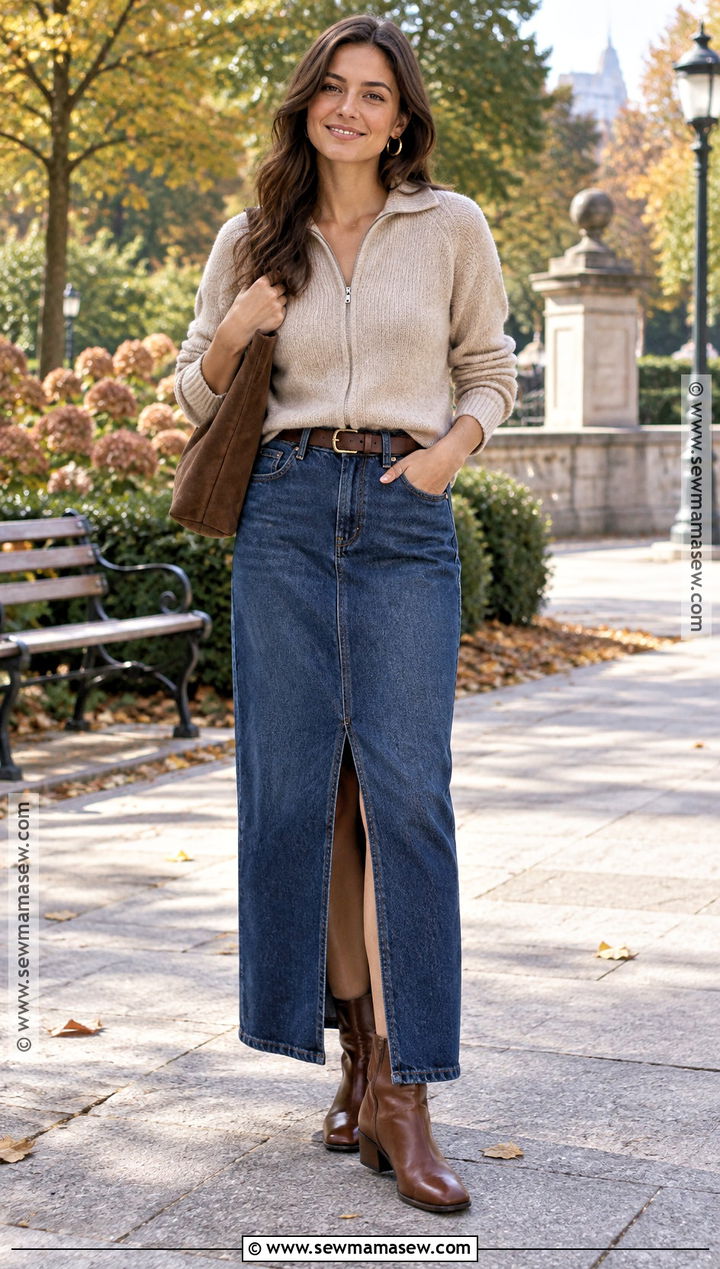Zip Up Sweater With Denim Maxi Skirt - 15 Fall Zip Up Sweater Ideas