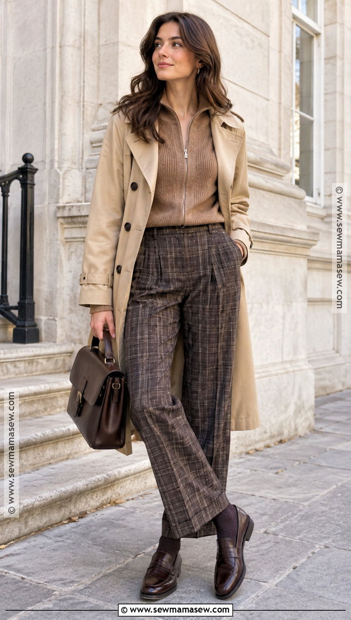 Zip Up Sweater With Plaid Trousers - 15 Fall Zip Up Sweater Ideas