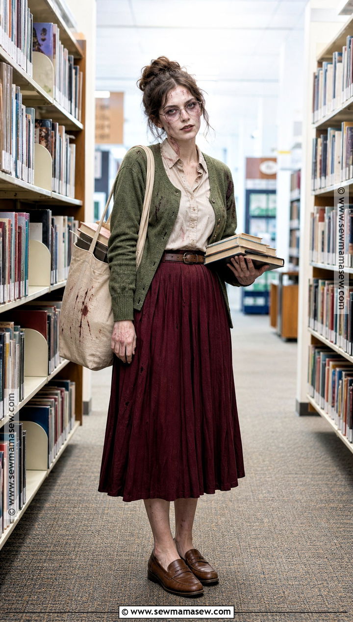 Zombie Librarian Outfit With Cardigan And Books - 30 Zombie Outfits